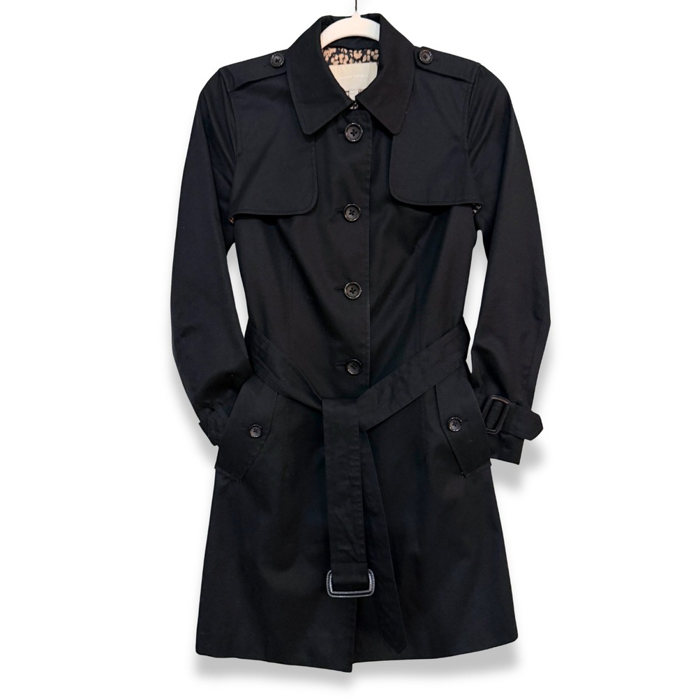 Banana Republic Leopard Lining Black Trench Coat XS Belt Whimsigoth Animal Print - Picture 2 of 8